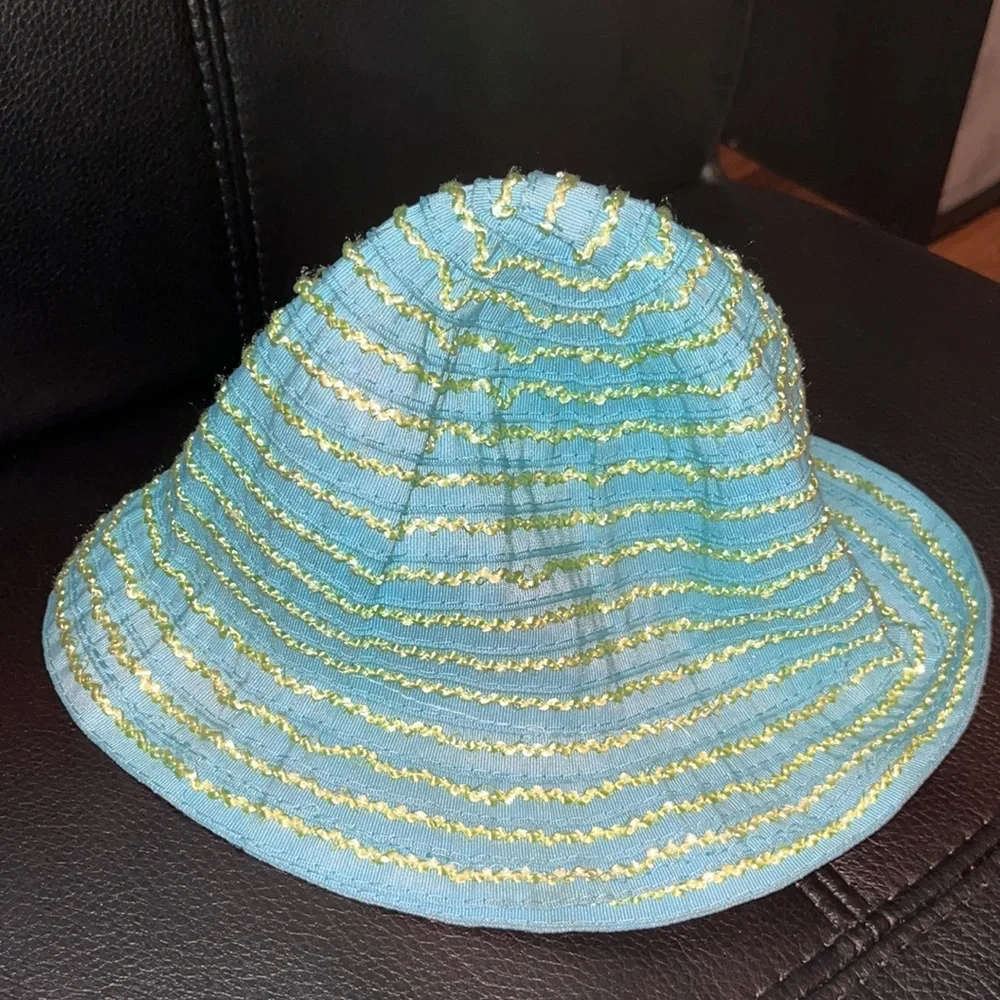 Toddler Hat Aqua with Lime Stripe Accent and Flower
